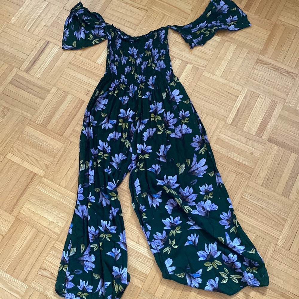 UO green floral off the shoulder jumpsuit